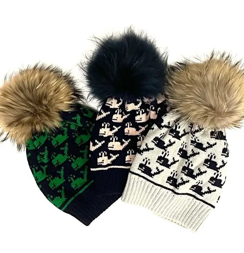 Whale Pom Pom Beanie Hat : Grey/Navy