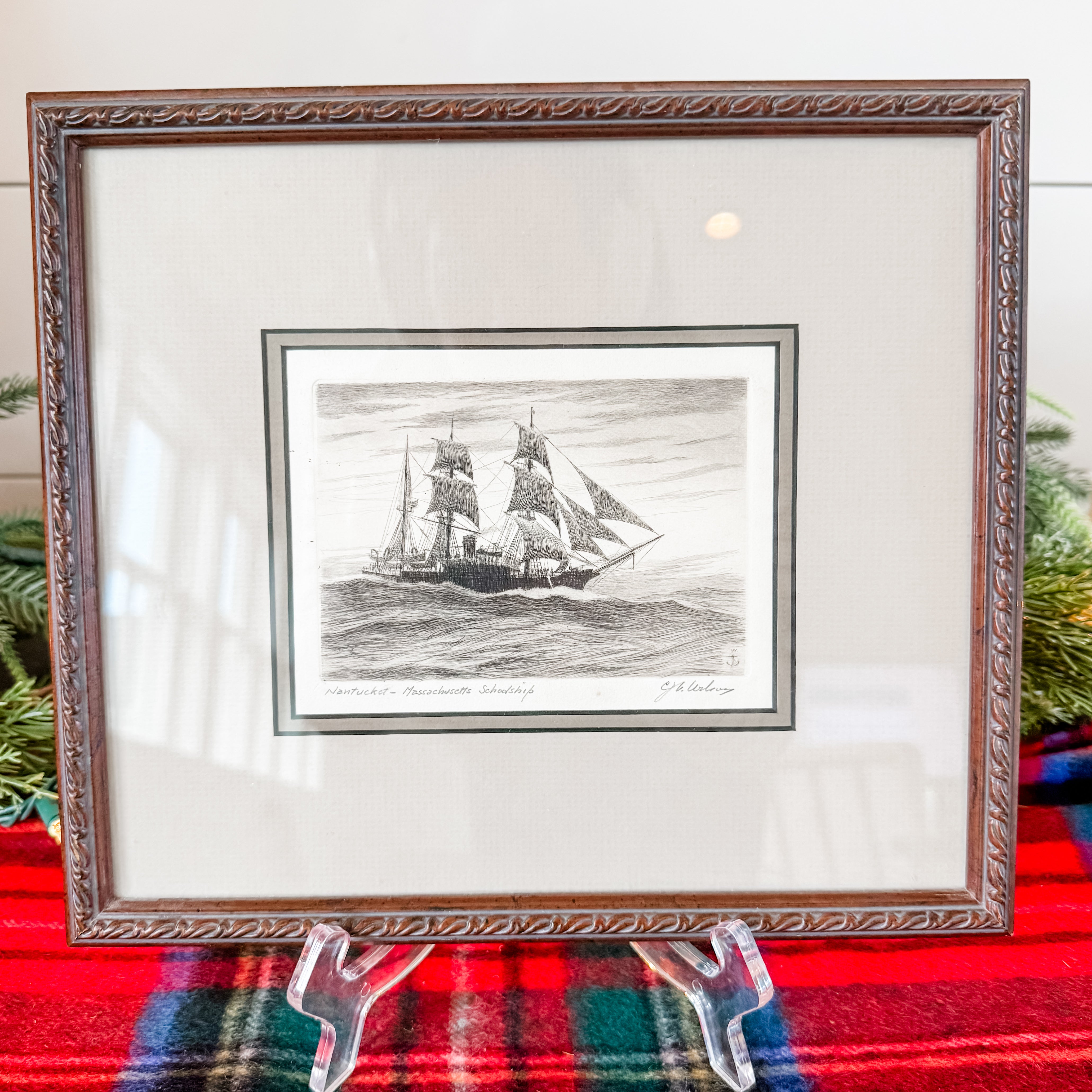 "Nantucket - Massachusetts Schoolship" etching, signed