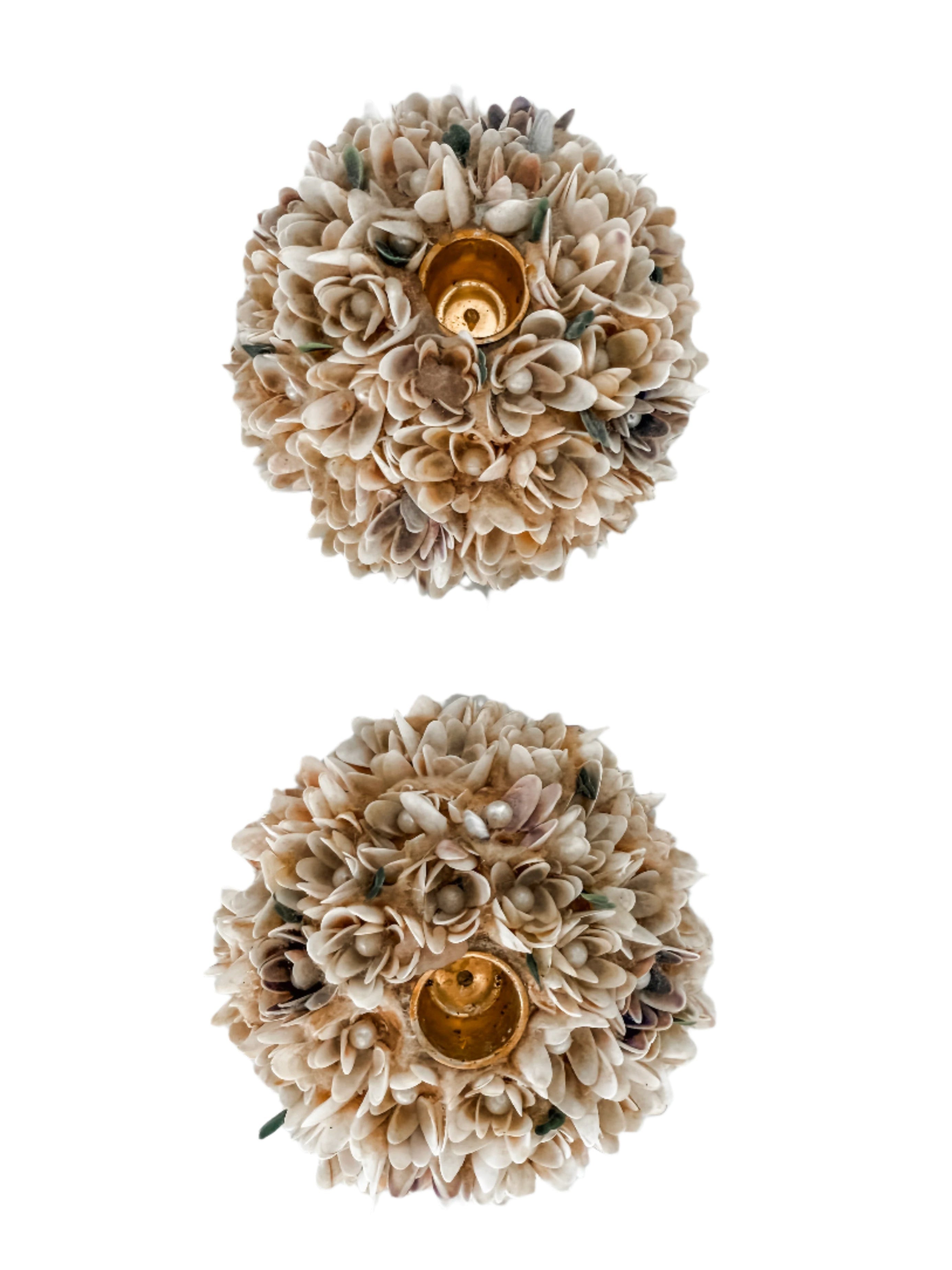Pair of handmade shell and pearl taper candle holders