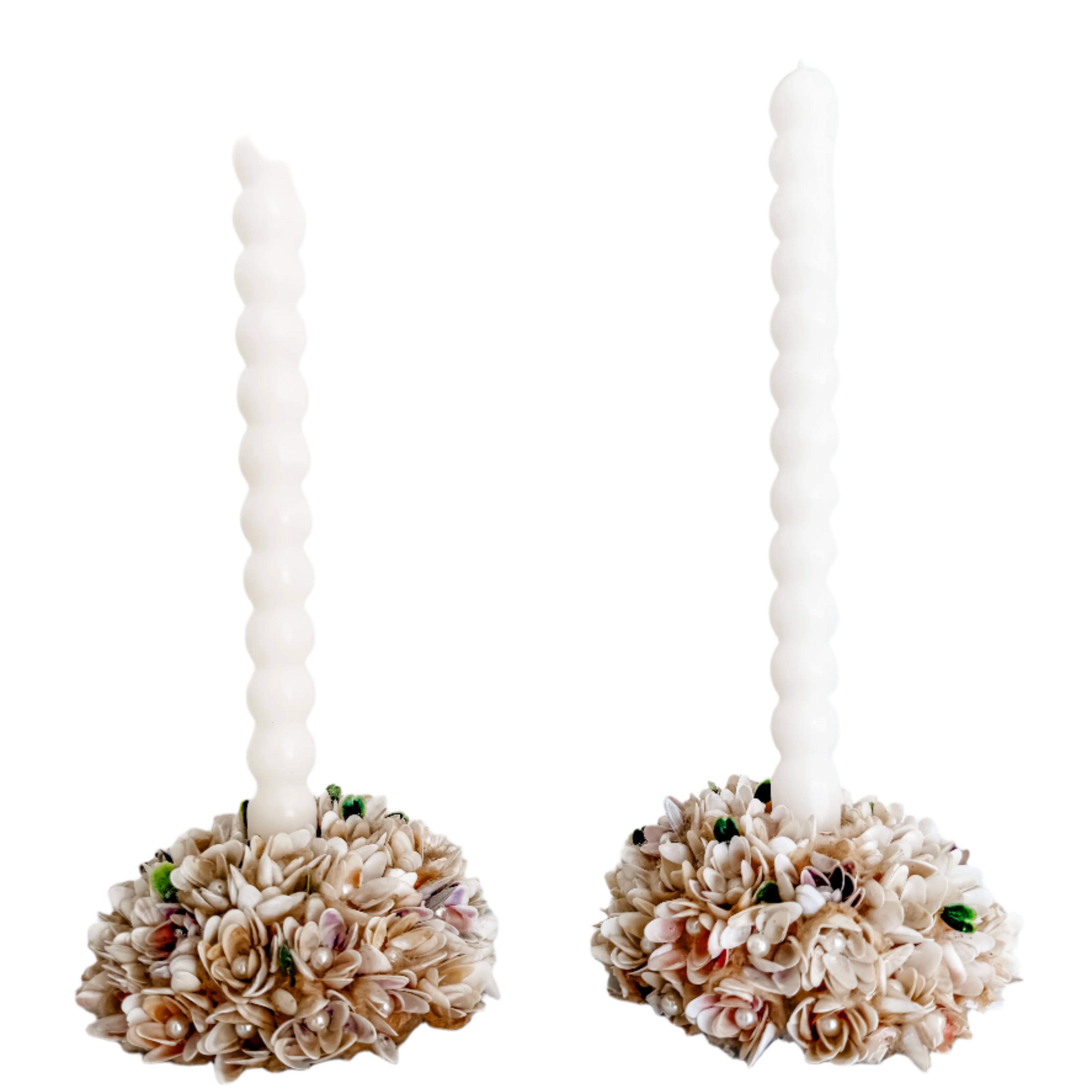 Pair of handmade shell and pearl taper candle holders