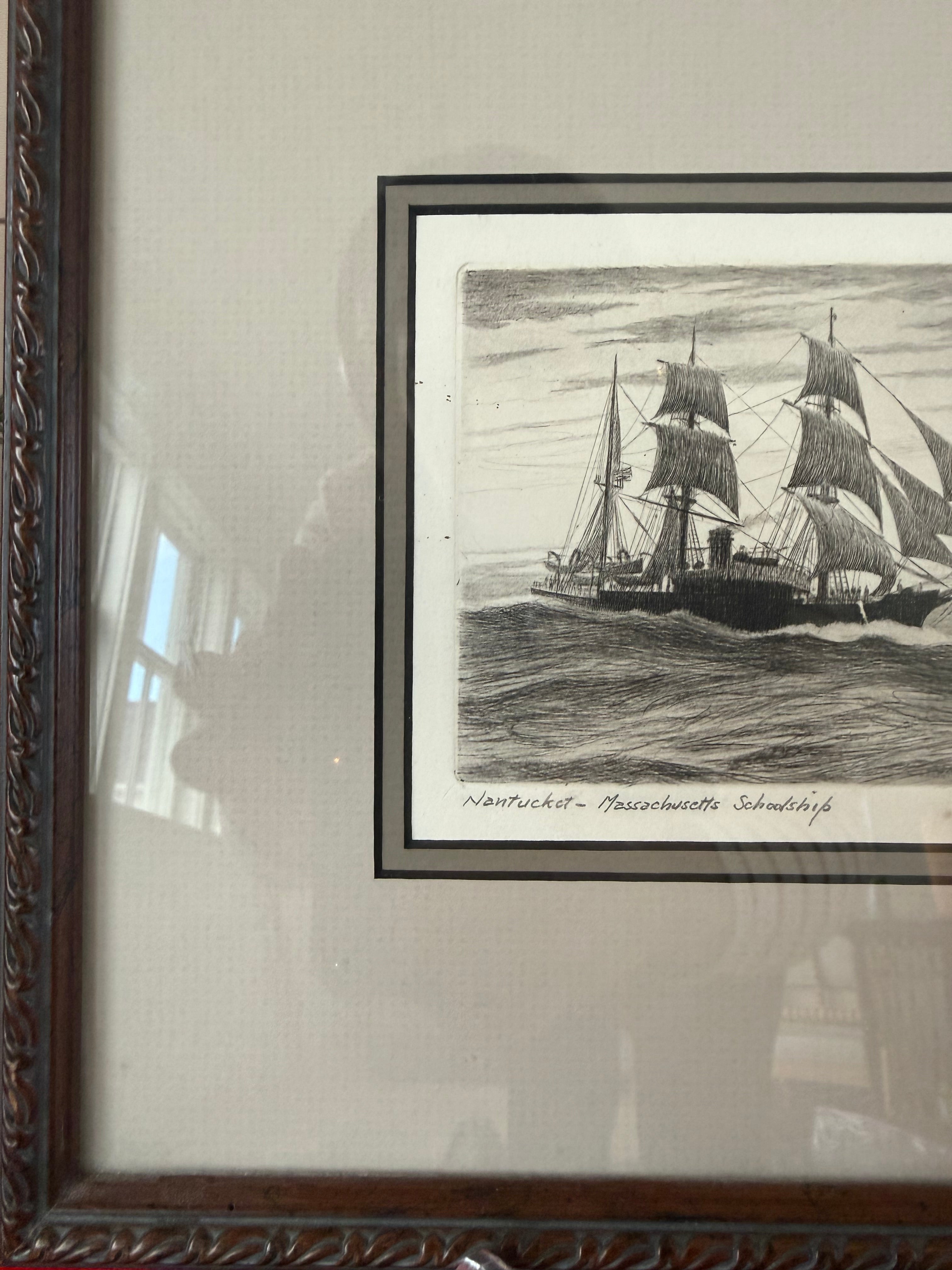 "Nantucket - Massachusetts Schoolship" etching, signed